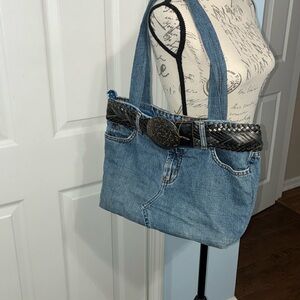 Blue and Black Denim Tote with Black Handles